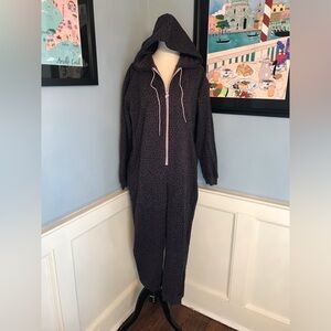 Fabletics Forever Fleece Hooded Onesie Pewter Two Tone Leopard/Orchid Sz XL